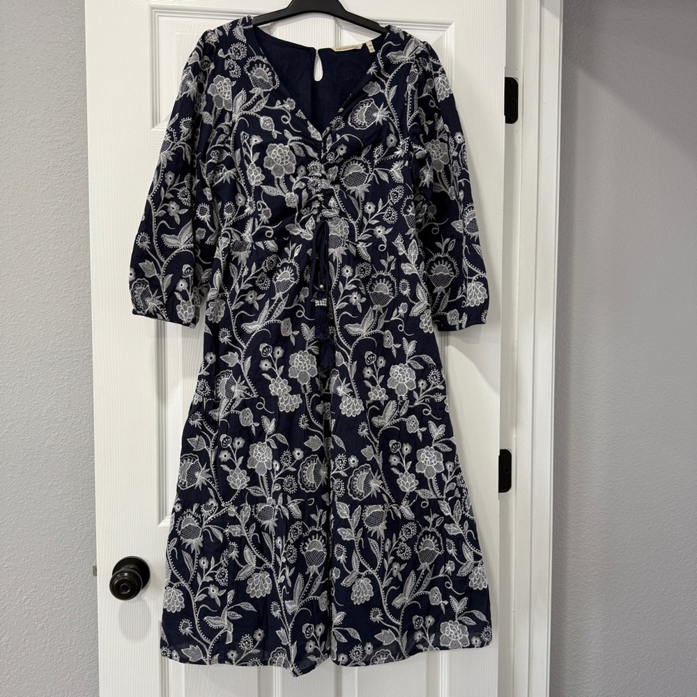 Soft Surroundings Navy Embroidered Midi Dress - 100% cotton, size 6 or M